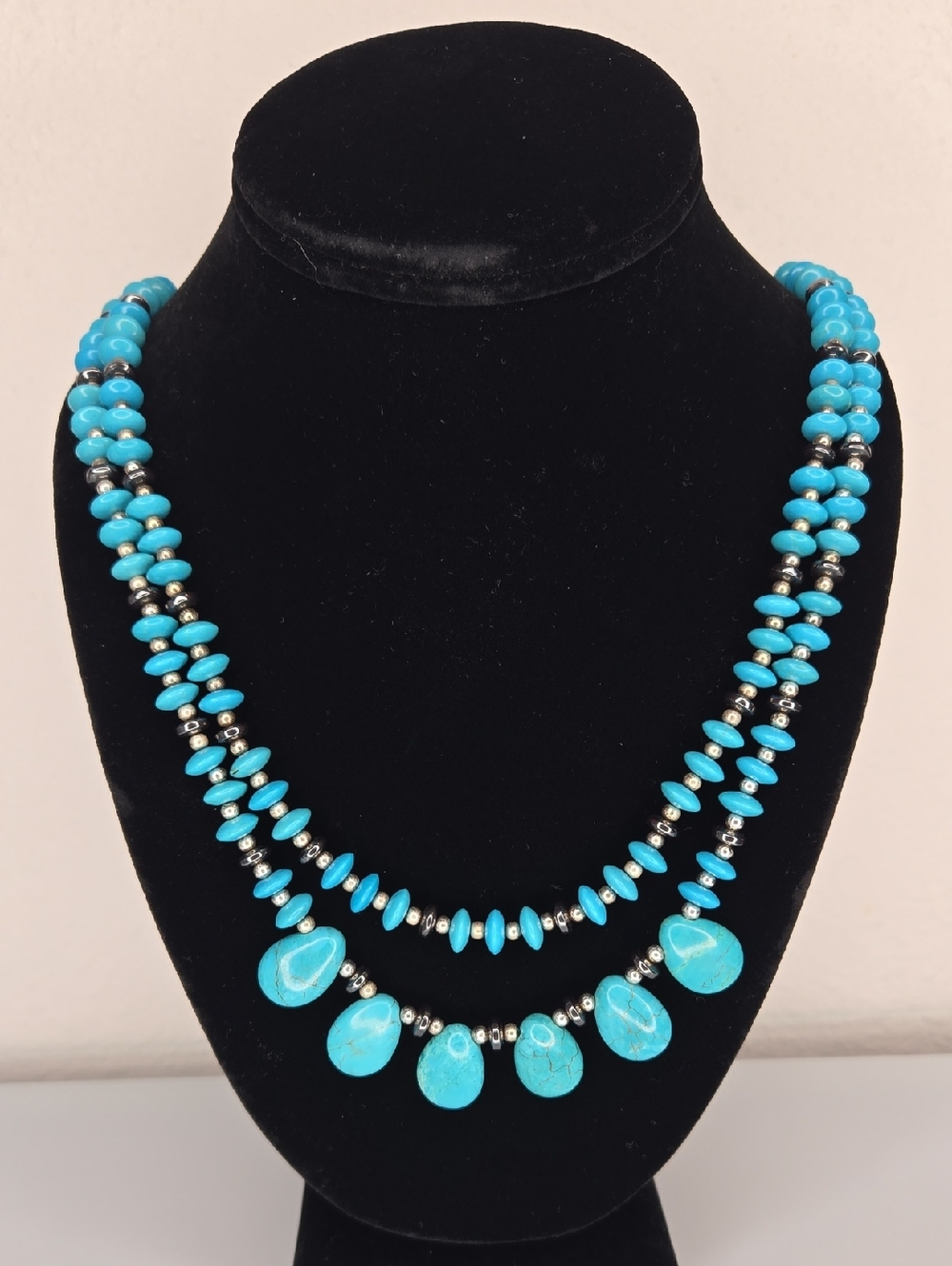 Turquoise Double Strand Teardrop Stone Bead Navajo Style Silver Cone Necklace